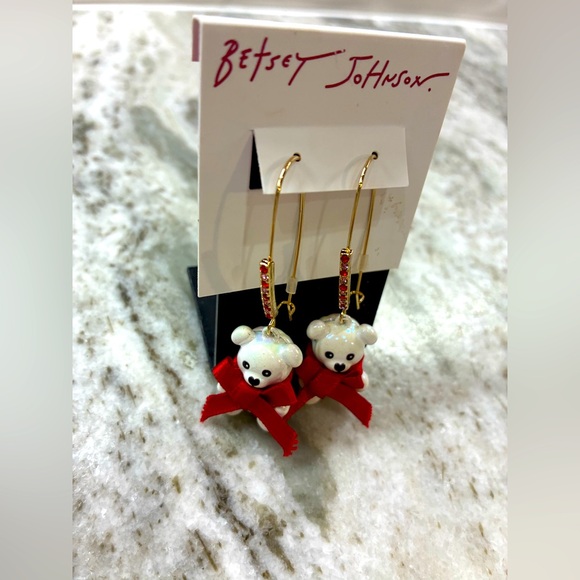 Betsey Johnson Jewelry - Betsey Johnson White Bear Earrings with Red Bows
